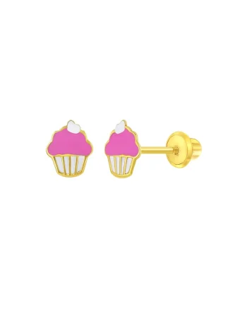 Cercei din Aur 14K pentru Copii, model Cupcake cu Email Roz si Alb, inchidere cu Filet si Protectie