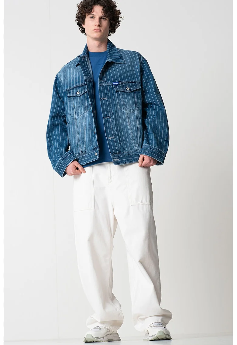 Jacheta lejera din denim cu model in dungi si aplicatie logo, Albastru