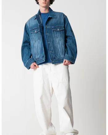 Jacheta lejera din denim cu model in dungi si aplicatie logo, Albastru