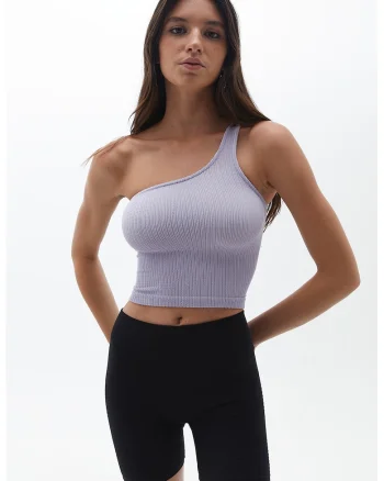 Top crop cu decupaj pe un umar, Lila