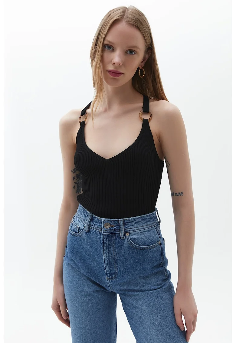 Top striat cu bretele incrucisate, Negru