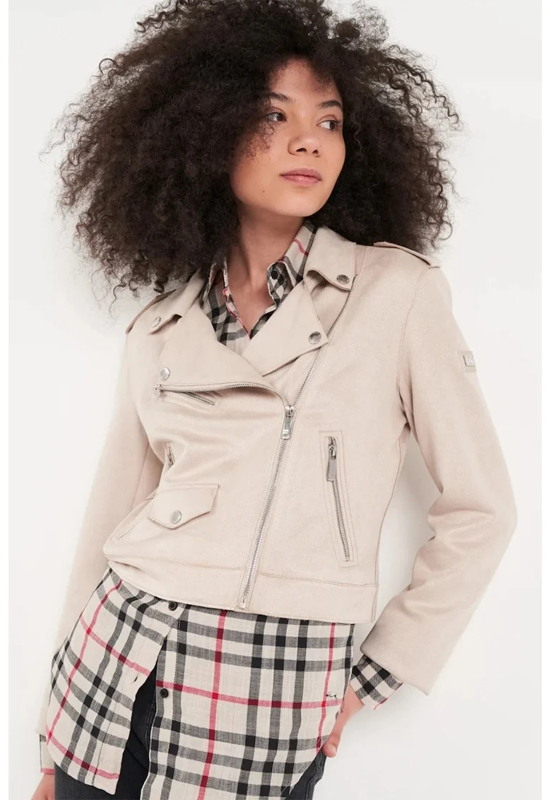 Jacheta biker crop din piele ecologica, Bej deschis