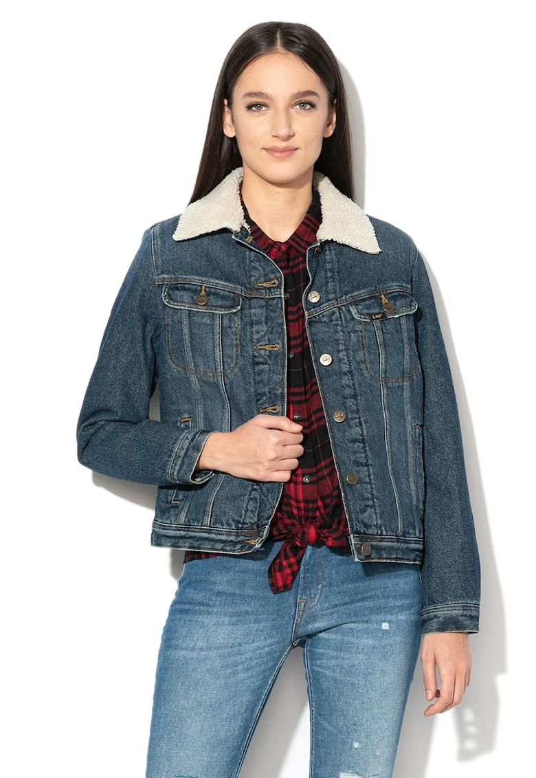 Jacheta din denim cu captuseala din material teddy Storm Rider, Albastru inchis