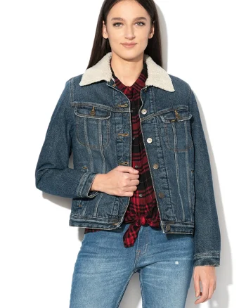 Jacheta din denim cu captuseala din material teddy Storm Rider, Albastru inchis