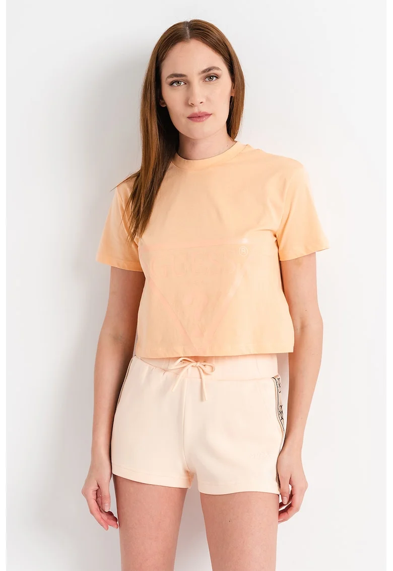 Tricou crop cu imprimeu logo pentru fitness, Portocaliu pal