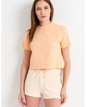 Tricou crop cu imprimeu logo pentru fitness, Portocaliu pal