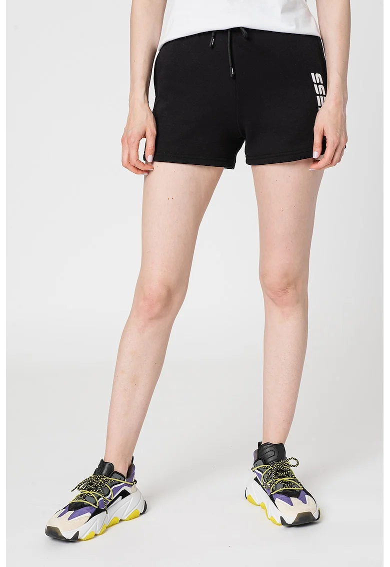 Pantaloni scurti cu snur de ajustare in talie pentru fitness, Negru