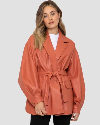 Jacheta de piele ecologica cu revere decupate Coralie 2887, Portocaliu