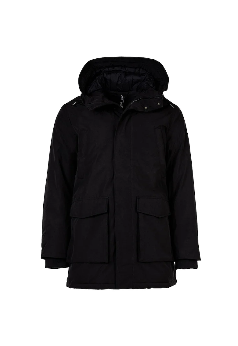 Jacheta parka cu model uni si gluga, Negru