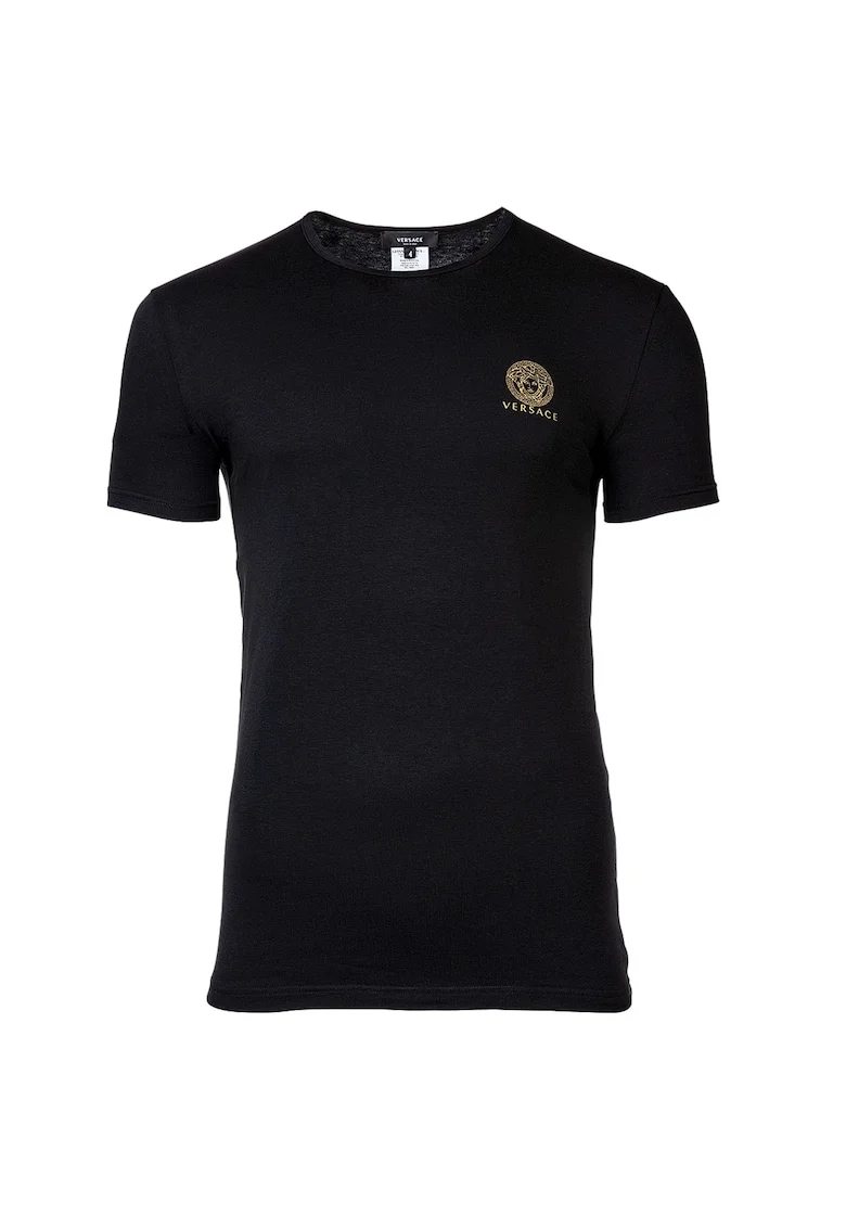 Tricou de casa cu decolteu rotund si logo, Negru