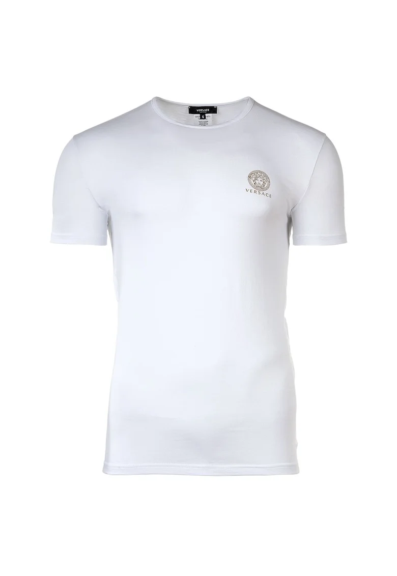 Tricou de casa cu decolteu rotund si logo, Alb