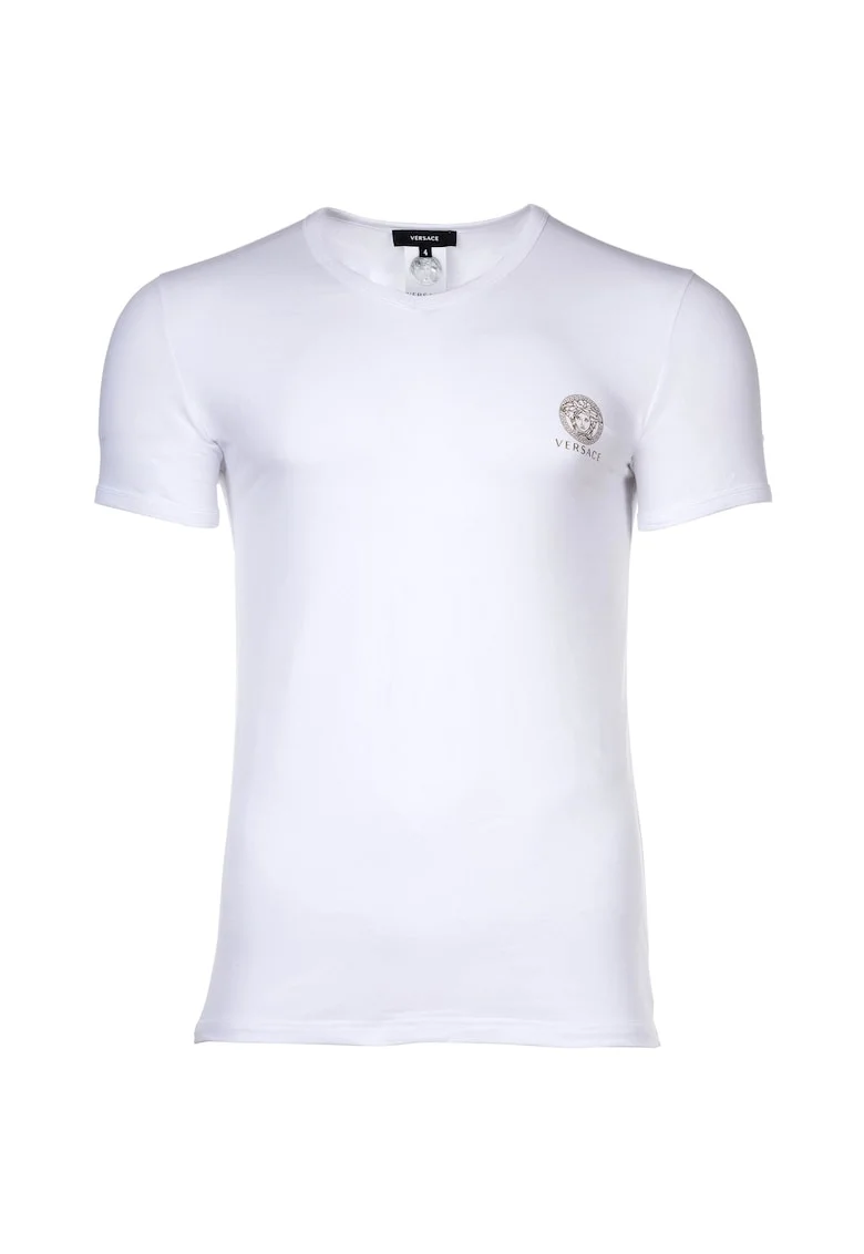 Tricou de casa cu decolteu in V si logo pe piept, Alb