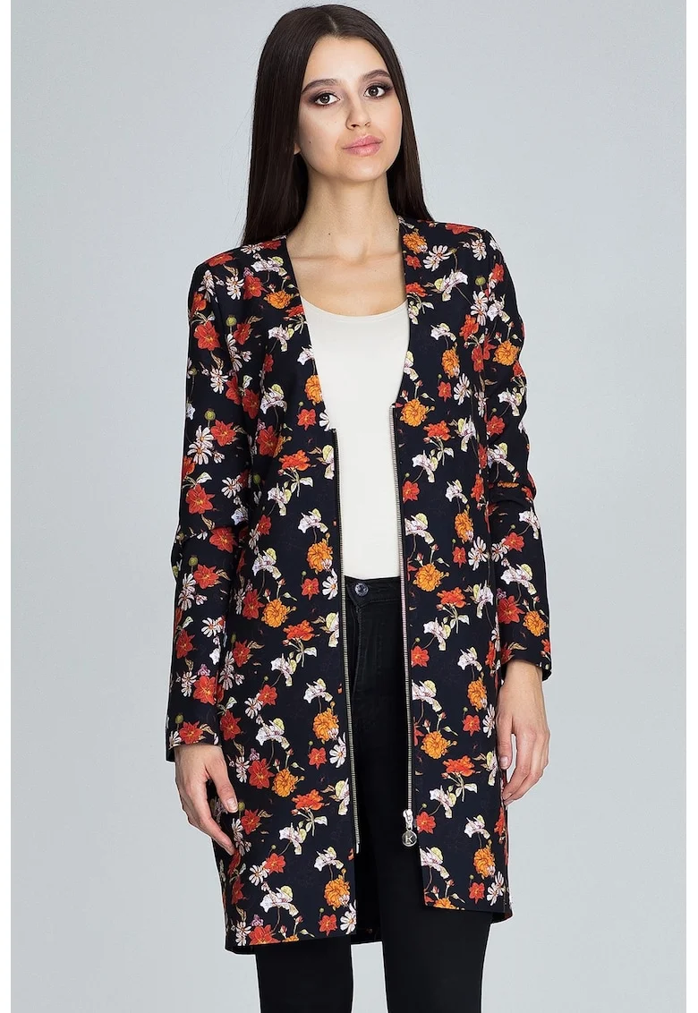 Jacheta lunga  florala, neagra, poliester 100%,