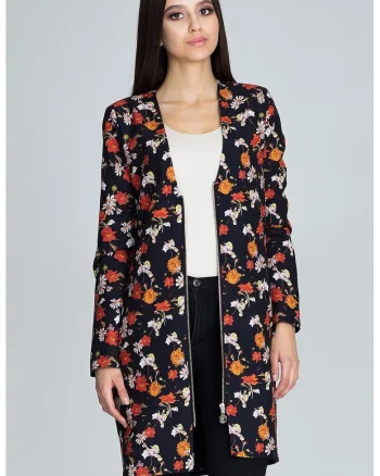 Jacheta lunga  florala, neagra, poliester 100%,