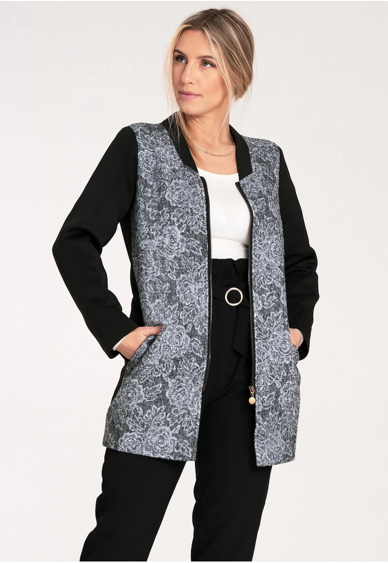 Palton dama  M1062, negru, design modern, guler ridicat, material textil cu motiv floral