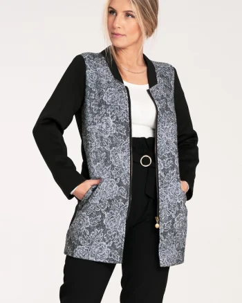 Palton dama  M1062, negru, design modern, guler ridicat, material textil cu motiv floral