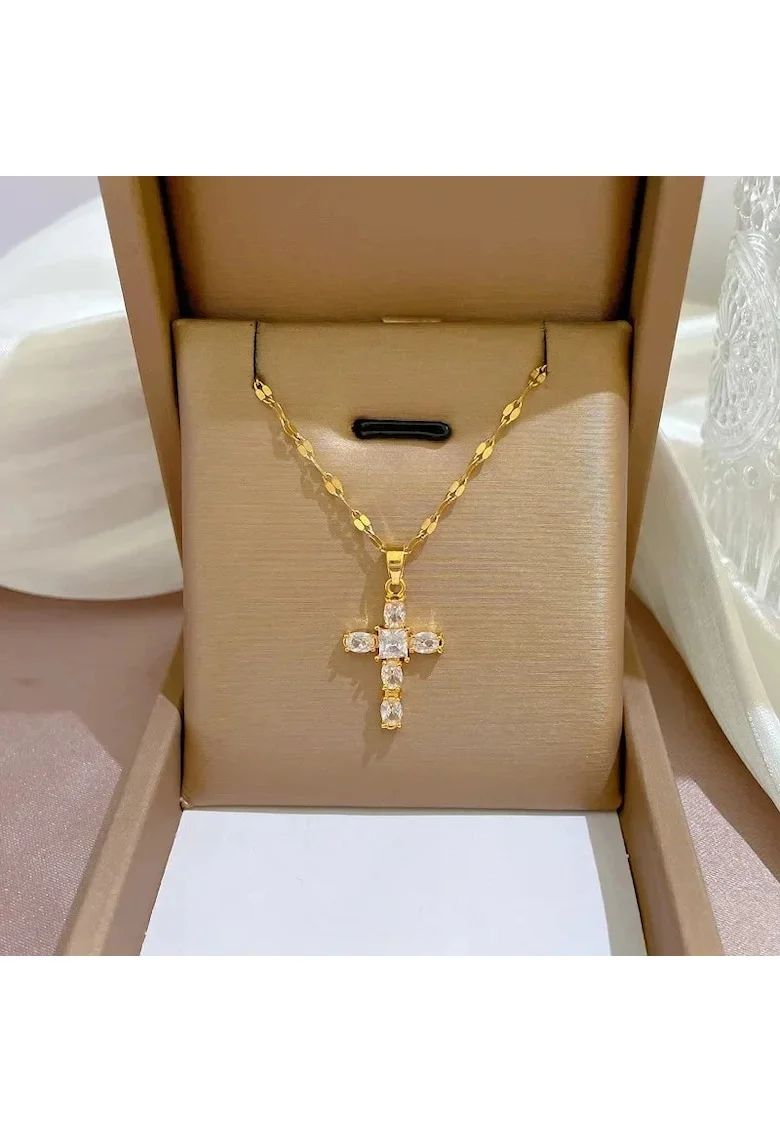 Colier auriu, din otel inoxidabil, suflat cu aur 18k, cu pandantiv cruciulita si pietre din zirconiu, Siri C4
