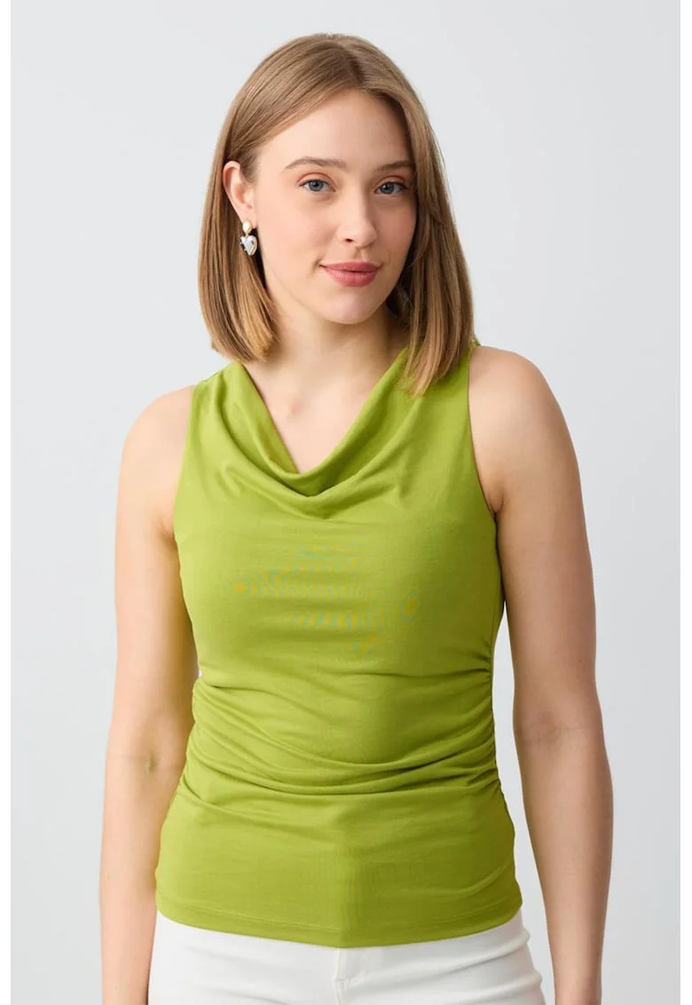 Top cambrat din amestec de modal cu decolteu drapat, Verde fistic