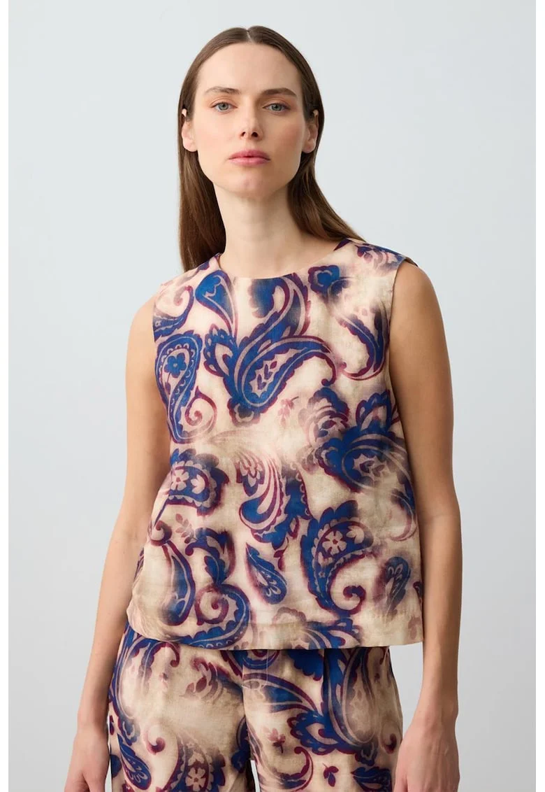 Top din amestec de in cu model paisley, Bej/Bleumarin