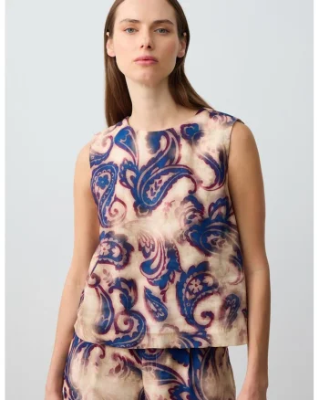 Top din amestec de in cu model paisley, Bej/Bleumarin