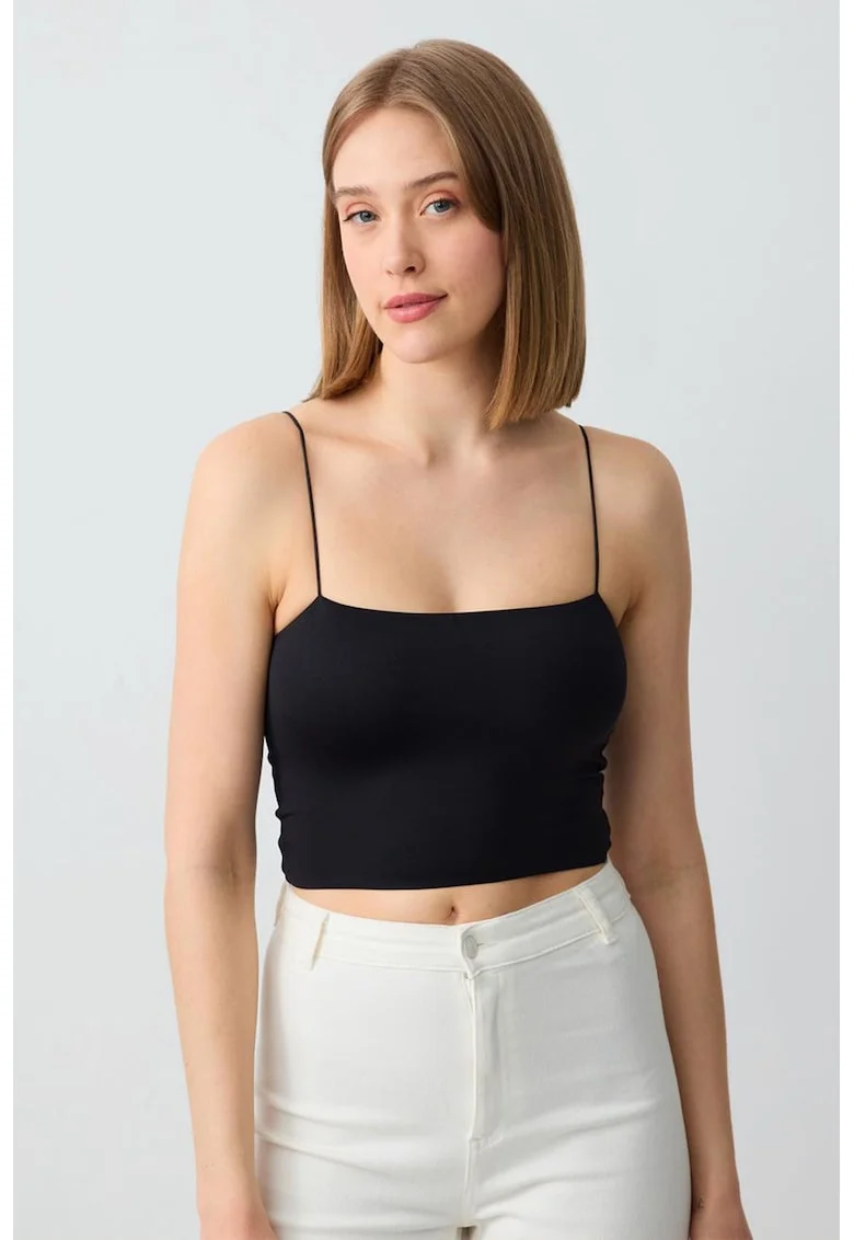 Top crop cu bretele inguste, Negru