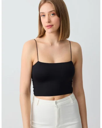 Top crop cu bretele inguste, Negru
