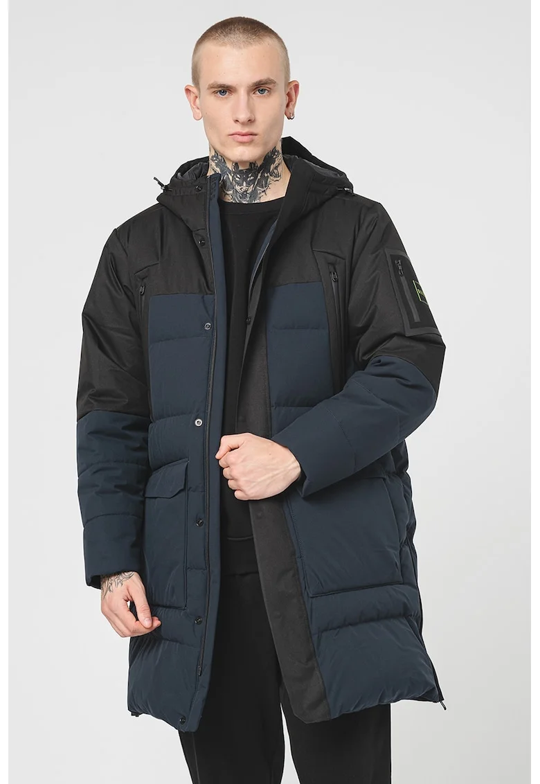 Geaca lunga cu buzunare frontale, Negru/Verde electric/Bleumarin