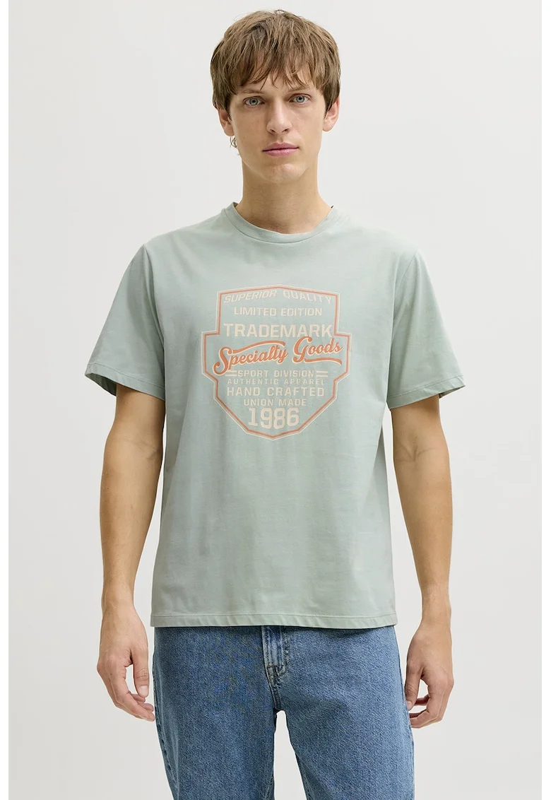Tricou din amestec de bumbac cu imprimeu text, Albastru glaciar