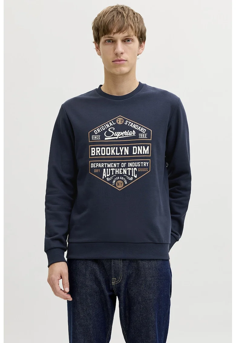 Bluza de trening din amestec de bumbac cu imprimeu text, Bleumarin