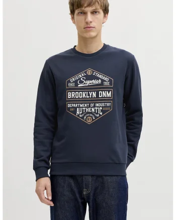 Bluza de trening din amestec de bumbac cu imprimeu text, Bleumarin