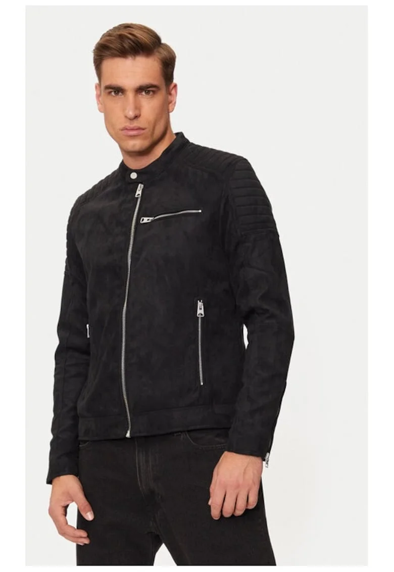 Geaca din imitatie de piele Gus 22029650 Negru Regular Fit, Piele ecologica
