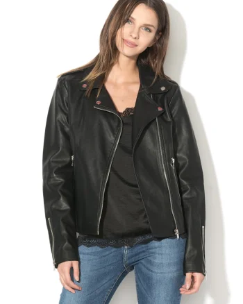 Jacheta biker din piele ecologica Cara, Negru