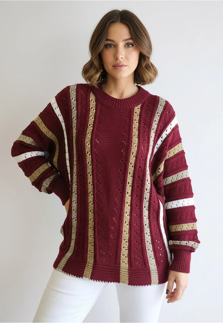 Pulover dama  oversize, model ajurat, dungi verticale, rosu, tricot acril