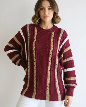 Pulover dama  oversize, model ajurat, dungi verticale, rosu, tricot acril