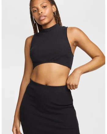 Top crop cu spate decupat, Negru