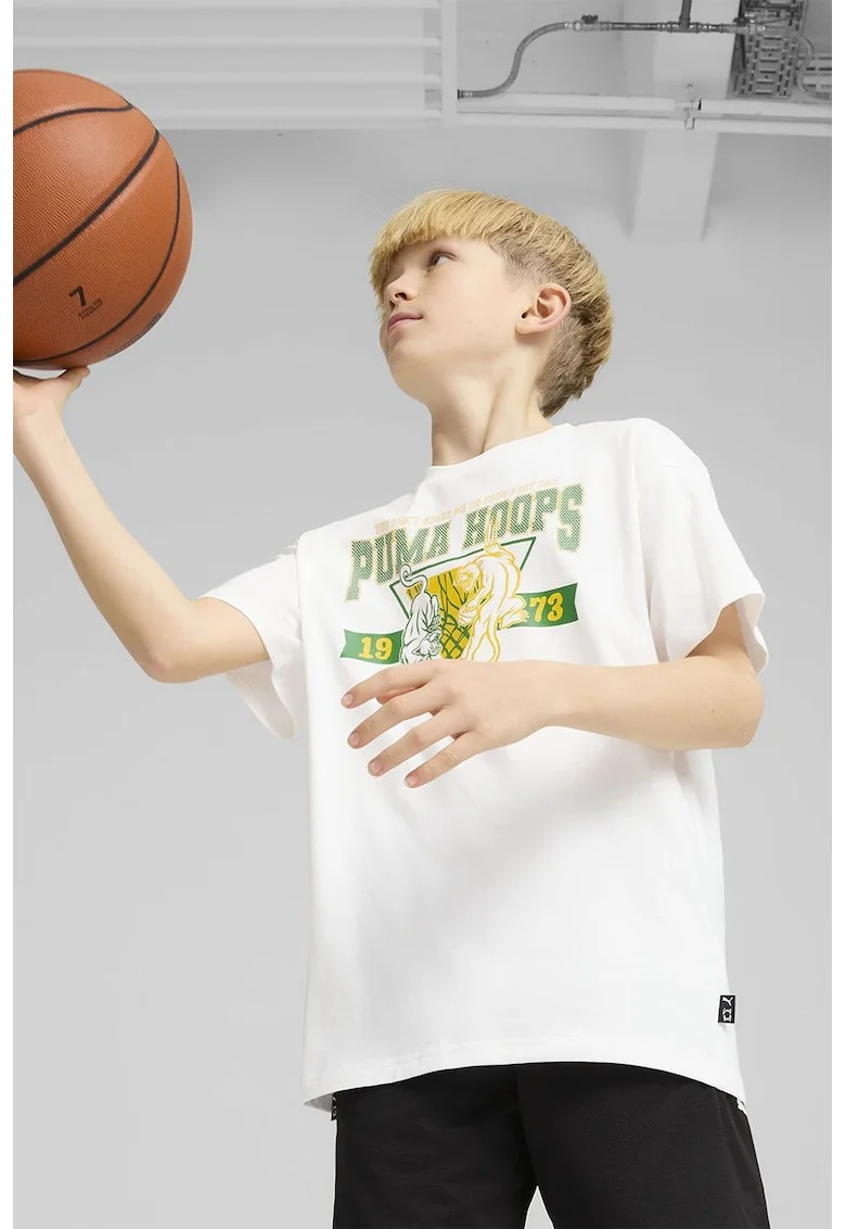 Tricou cu imprimeu logo, pentru baschet, Alb optic/Verde aquamarin