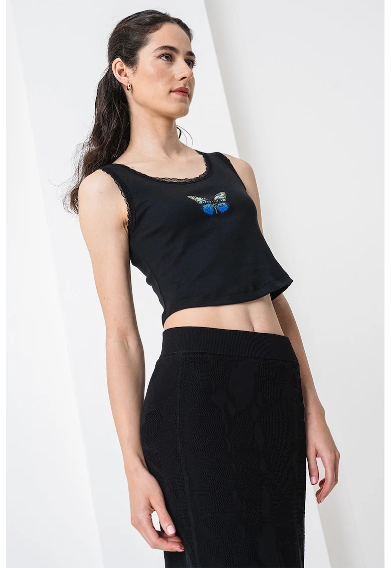 Top crop cu imprimeu Delarina, Negru