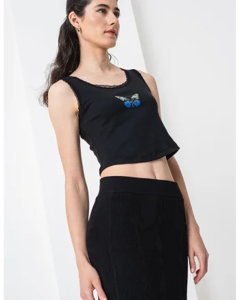 Top crop cu imprimeu Delarina, Negru