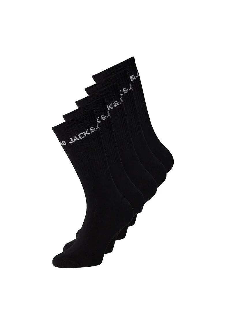 Jack & Jone, Set de sosete lungi cu model logo - 5 perechi, Negru