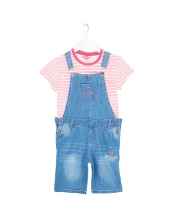 Set salopeta jeans si tricou fete,  6504, Roz/Albastru