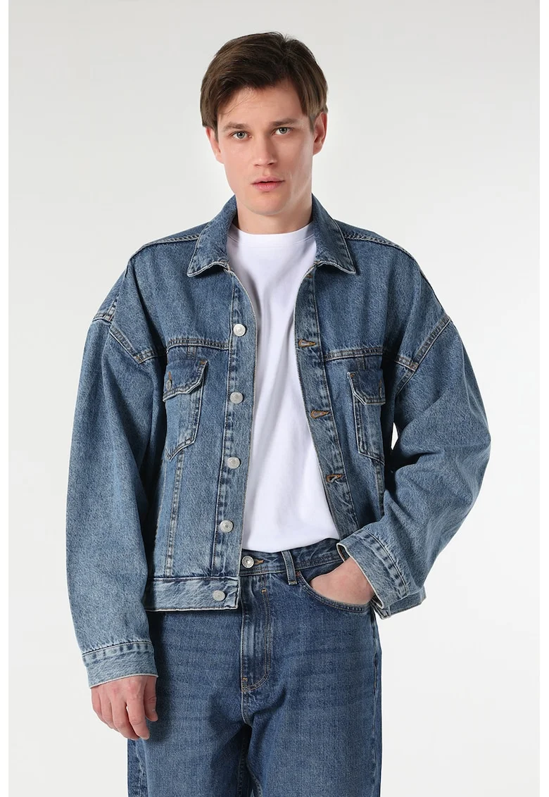 Jacheta de denim cu maneci cazute, Albastru inchis