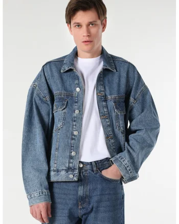 Jacheta de denim cu maneci cazute, Albastru inchis