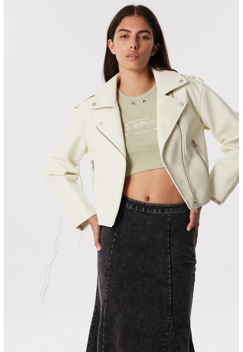 Jacheta crop din piele ecologica cu buzunare cu fermoar, Bej deschis