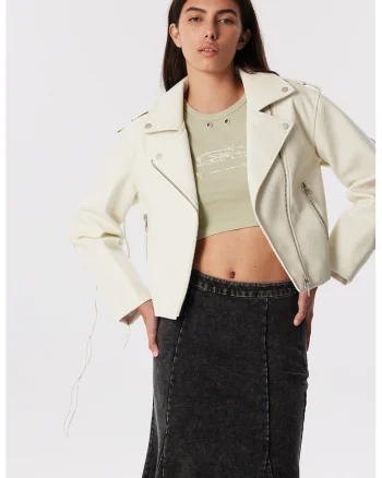 Jacheta crop din piele ecologica cu buzunare cu fermoar, Bej deschis