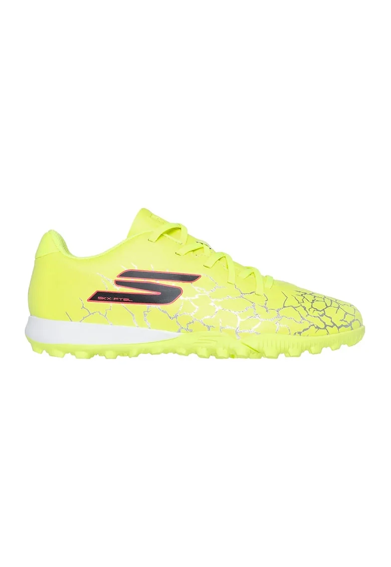 Pantofi sport de piele ecologica cu model grafic, pentru fotbal, Galben pai/Argintiu