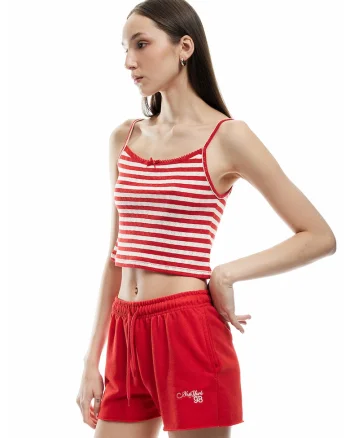 Top crop cu dungi si bretele subtiri, Alb/Coral