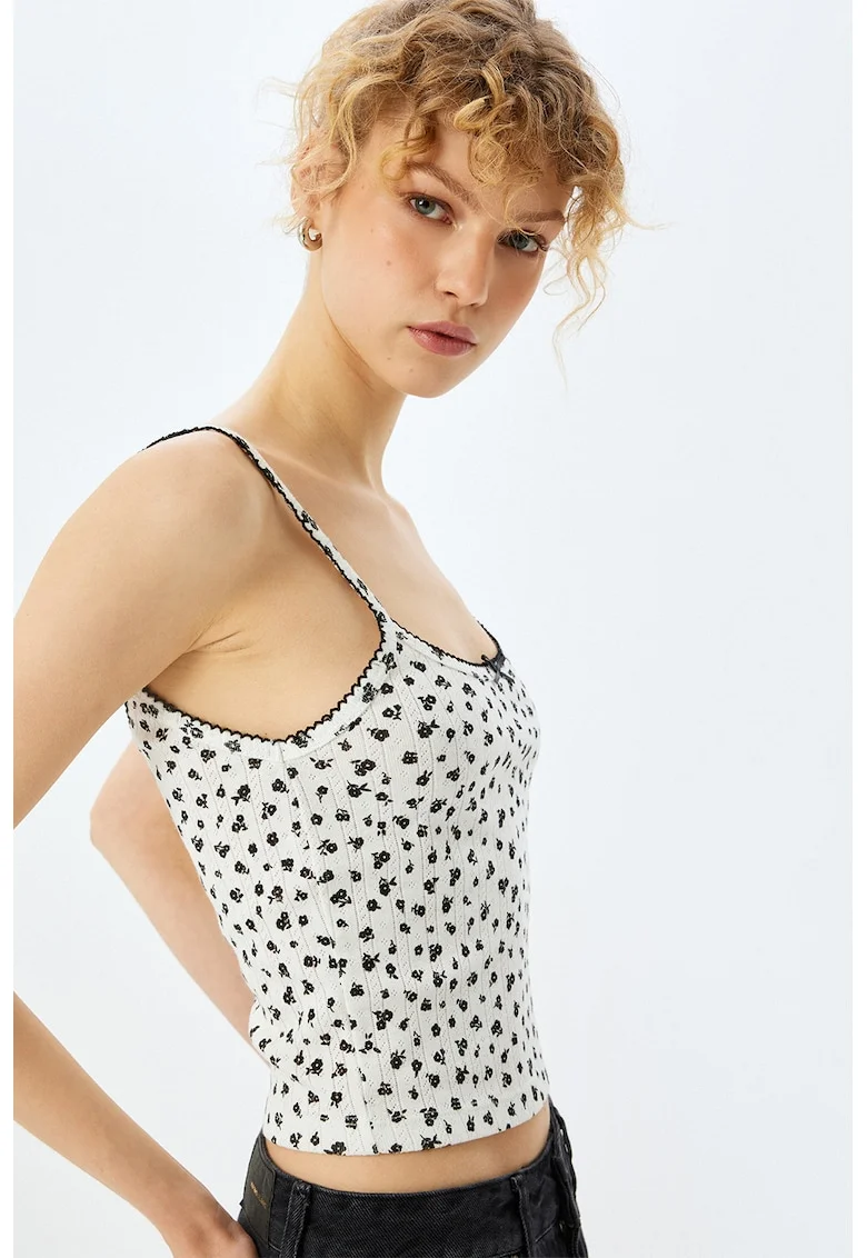 Top crop slim-fit, Alb fildes/Negru stins