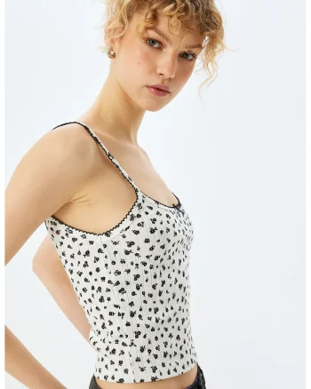 Top crop slim-fit, Alb fildes/Negru stins