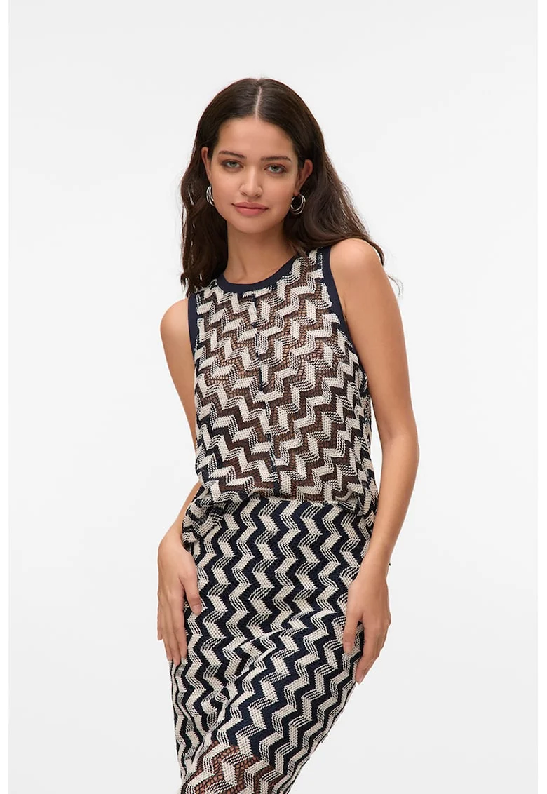 Top din tricot cu model chevron, Alb/Bleumarin