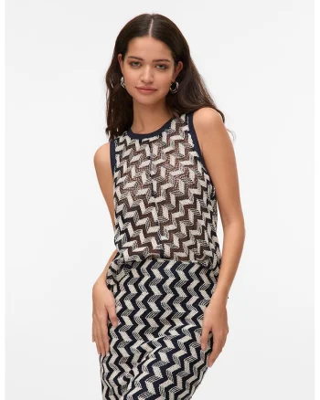 Top din tricot cu model chevron, Alb/Bleumarin